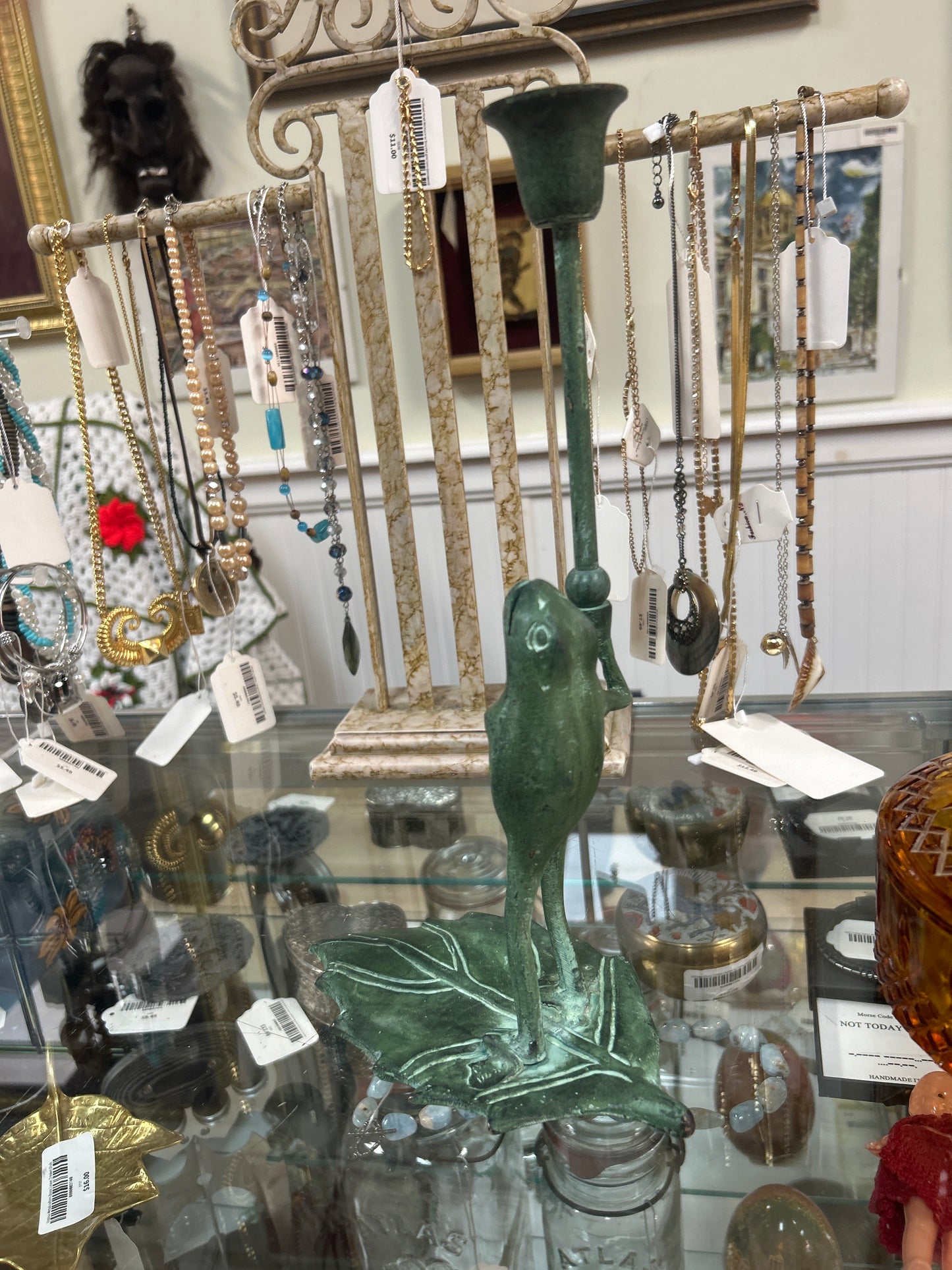 Frog Taper Candle Holder Figurine Brass Heavy Green 11.75”