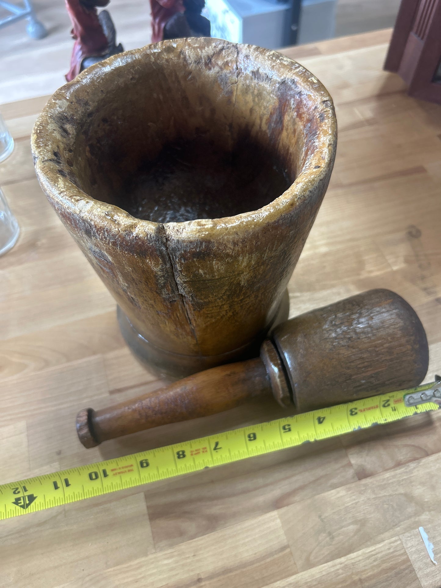 Antique Primitive Wood Mortar and Pestle (has cracks in wood but awesome)