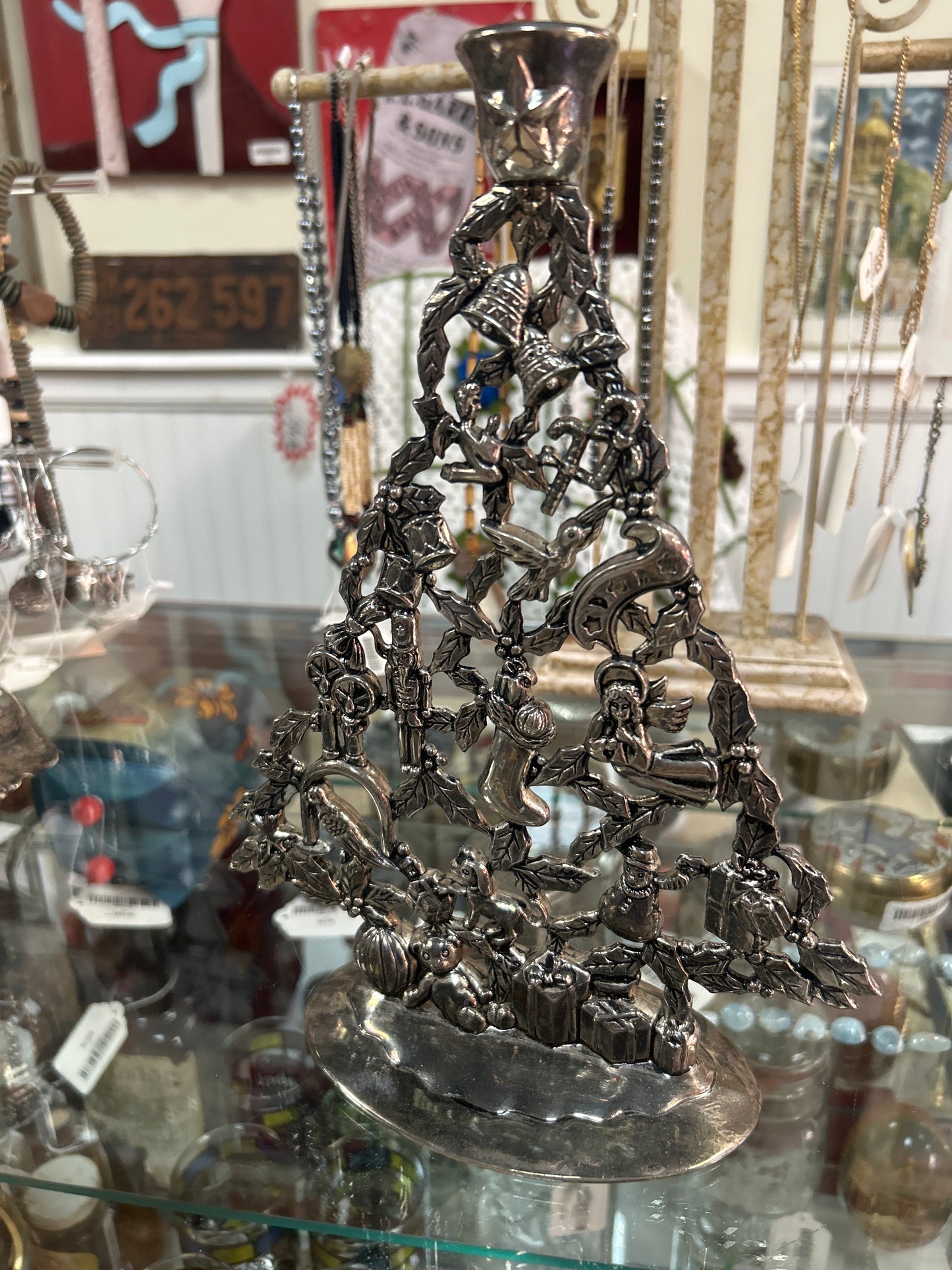 Vintage Godinger Silver Plated Christmas Tree Ornate Candle Holder 11”