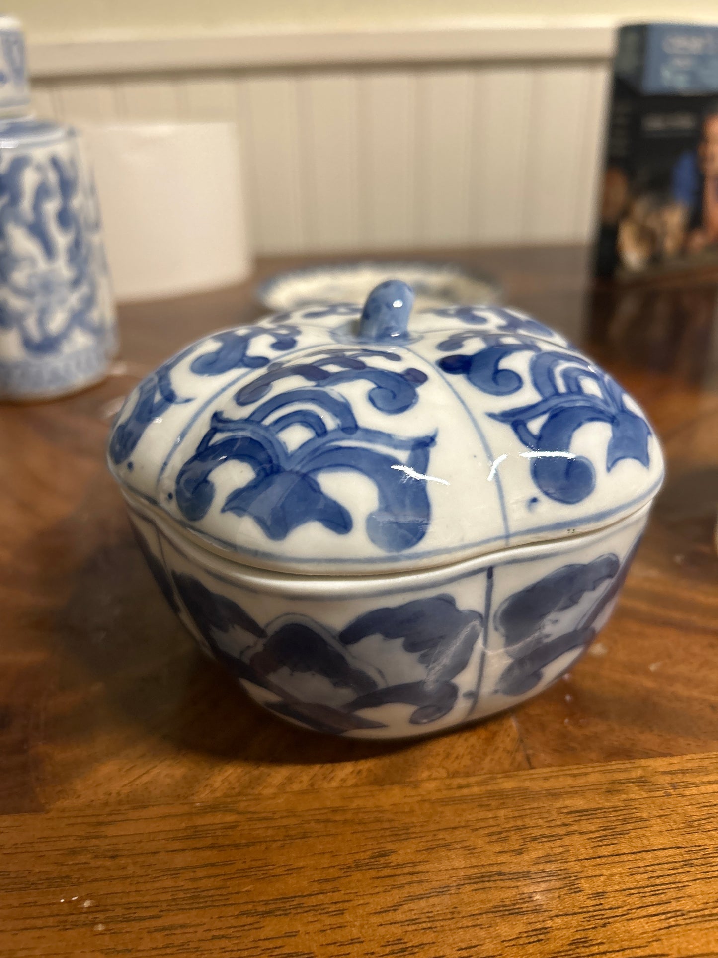 Vintage Chinese Lotus Blue and White Trinket Dish Bowl With Lid Hand Painted