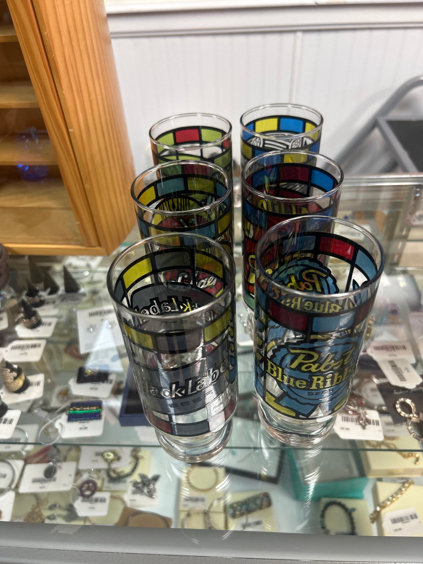 Vintage 1970’s Set of 6 Faux Stained Glass Beer Drinking Glasses Falstaff Schlitz Pabst (Anchor Hocking)