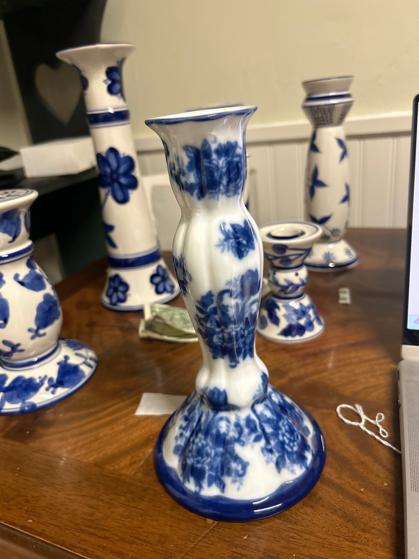 Candle Holder Cobalt Blue White Vintage 8 1/2