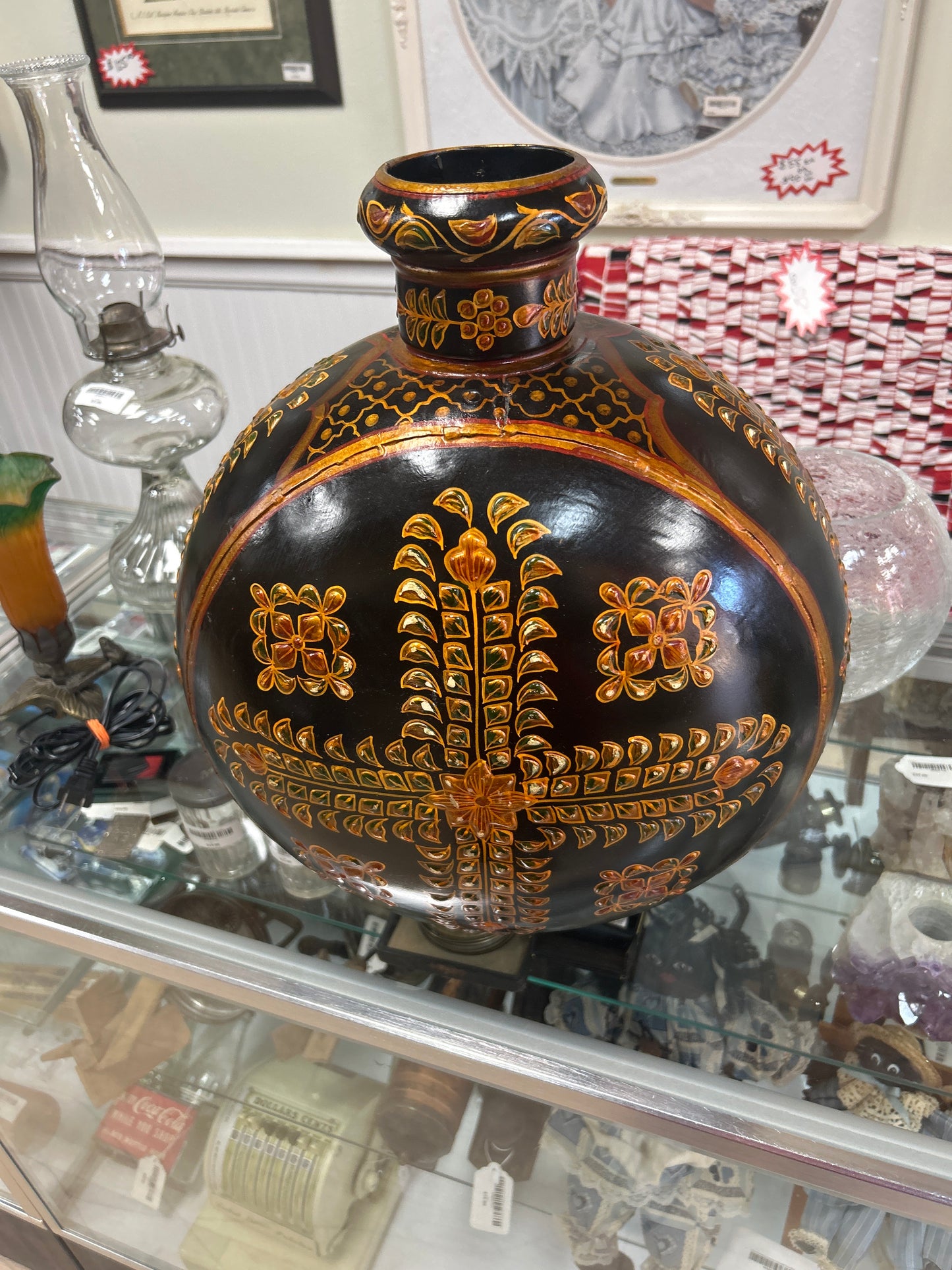 17” Tall Rajasthani Oil Pot Hand painted