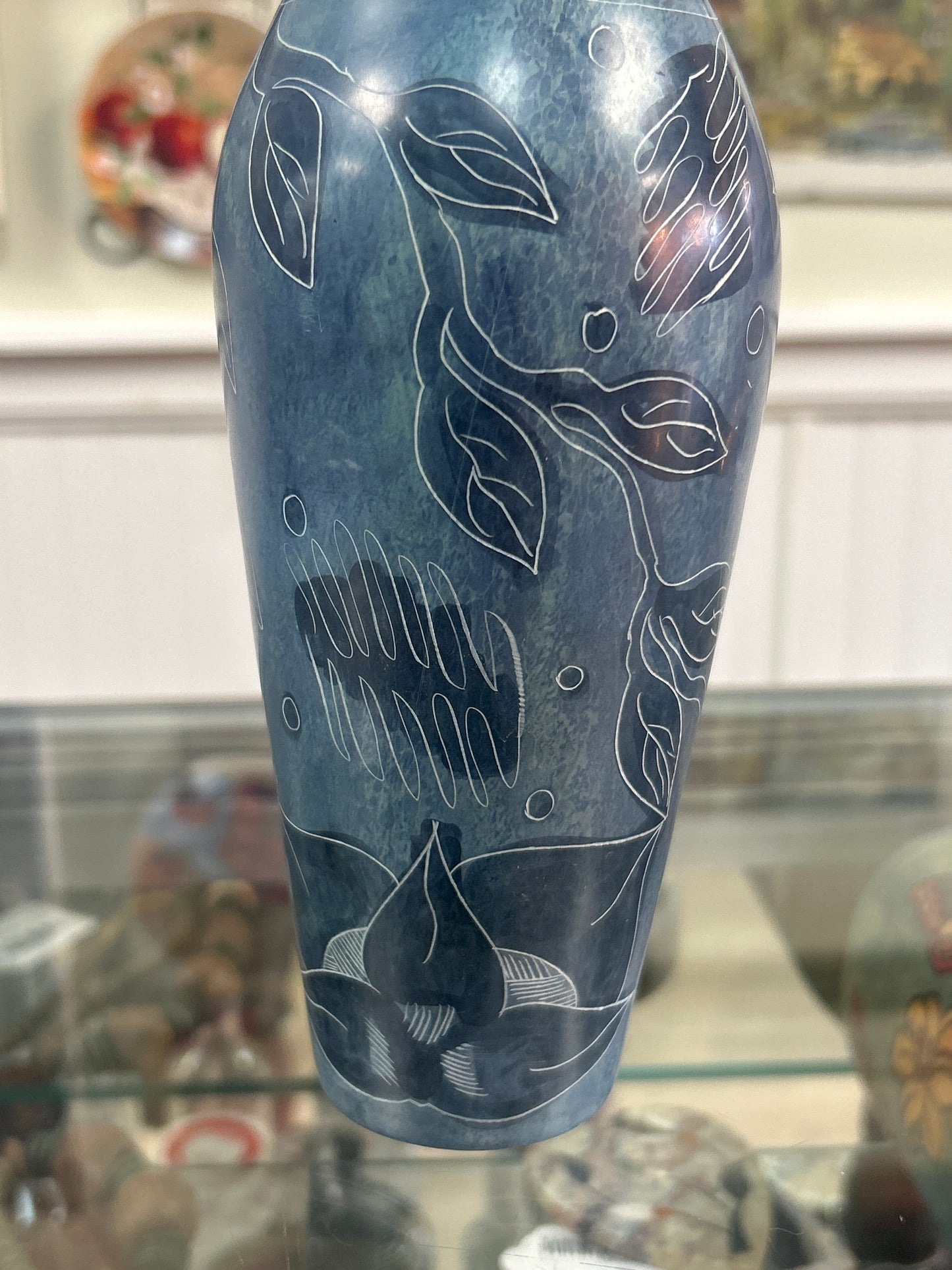 Blue Etched Vase 7” (heavy for its size)