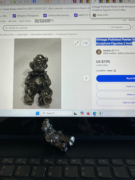 Vintage Polished Pewter Small Miniature Clown Sculpture Figurine 2 Inch