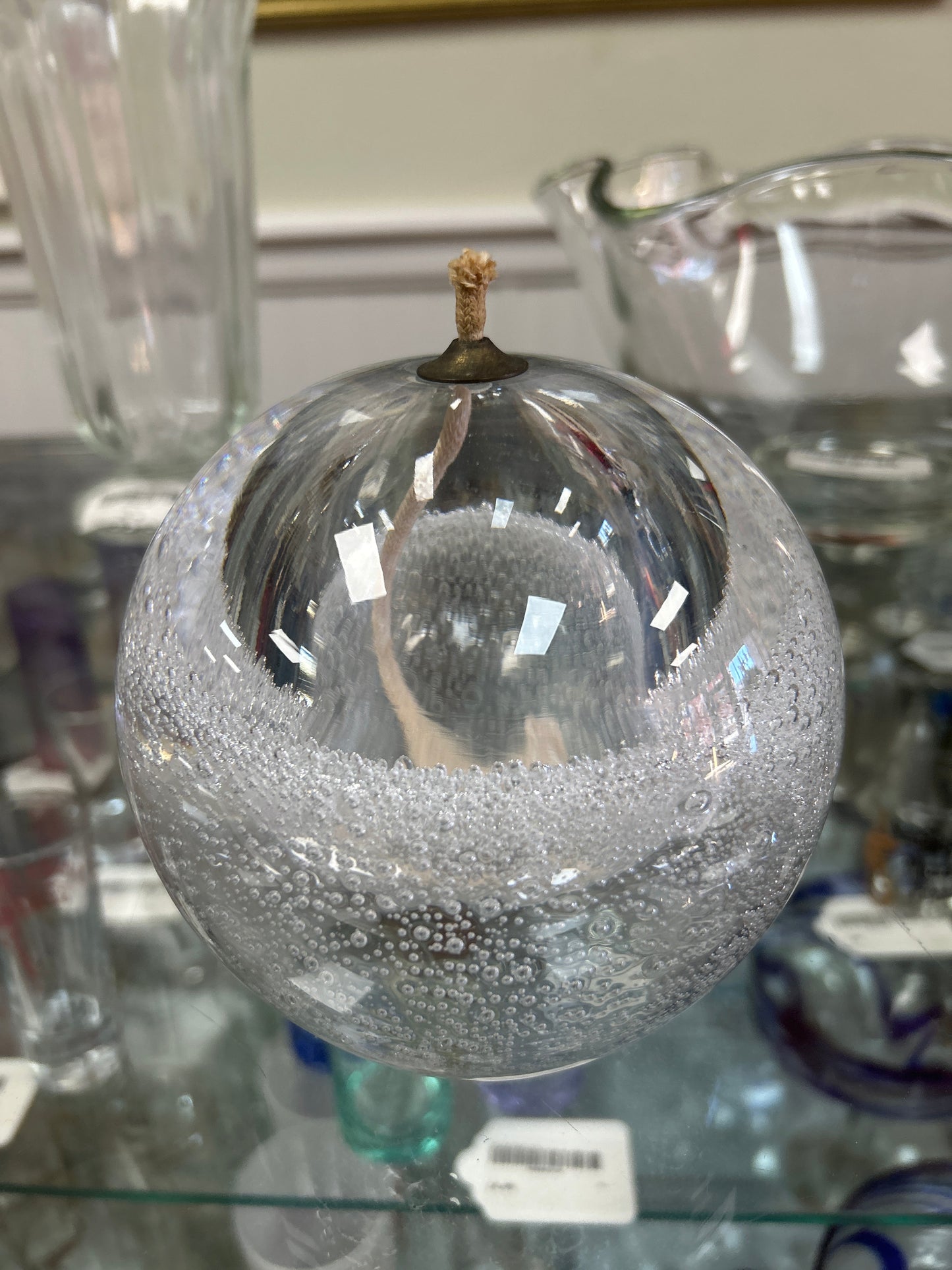 Vintage Hand Blown Round Art Glass Bubbled Oil Lamp with Wick Large, Heavy