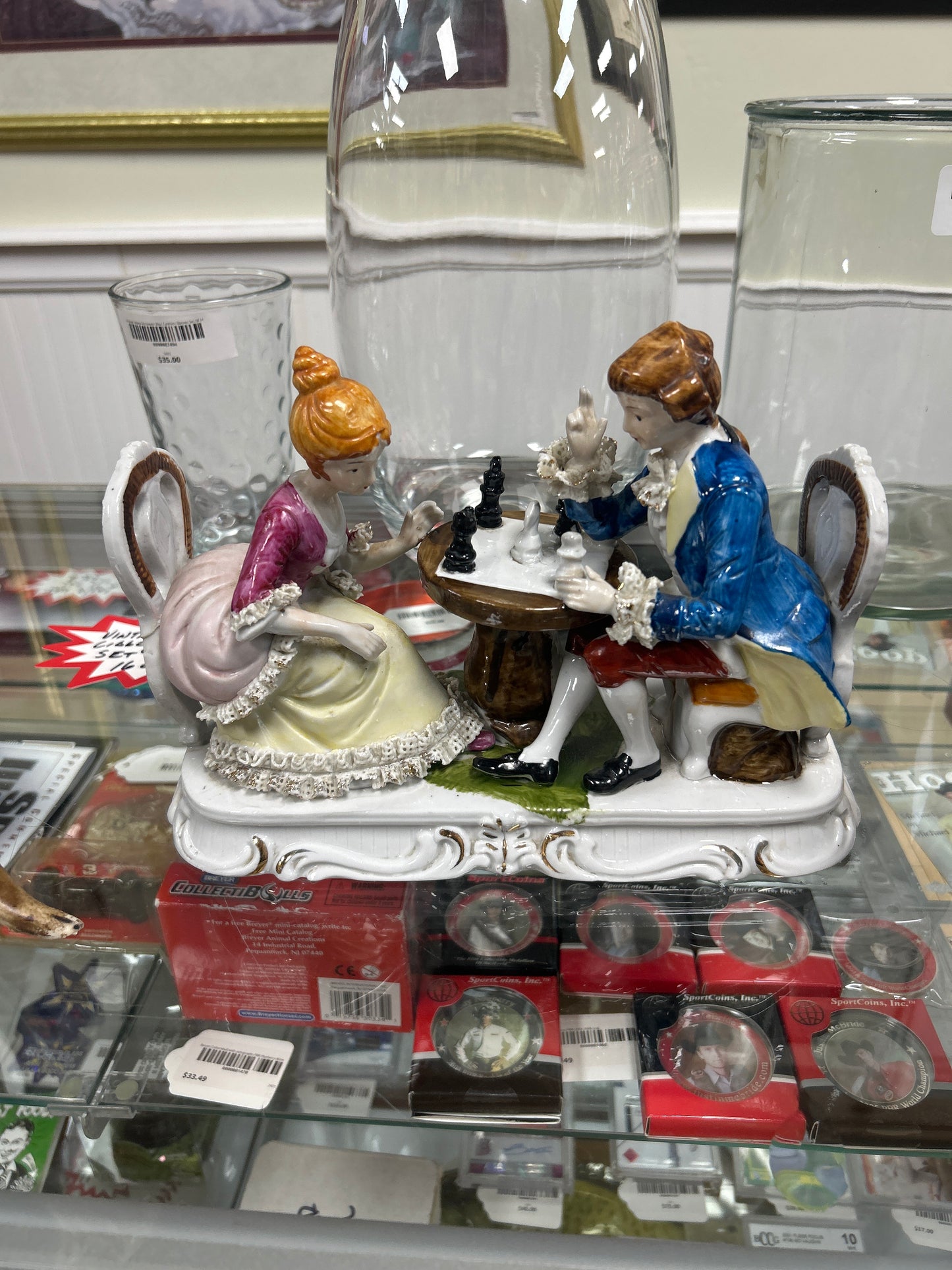 Vintage Chess Players Baroque Era Classic Outfits Ornament Display Collectable (repaired chair)