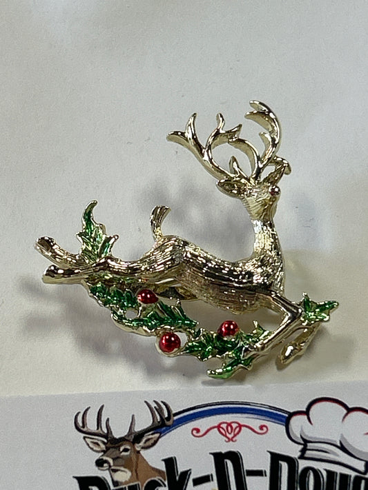Vintage Christmas Brooch/Pin Gold Tone Rudolph Reindeer & Holly Signed Gerrys 2"