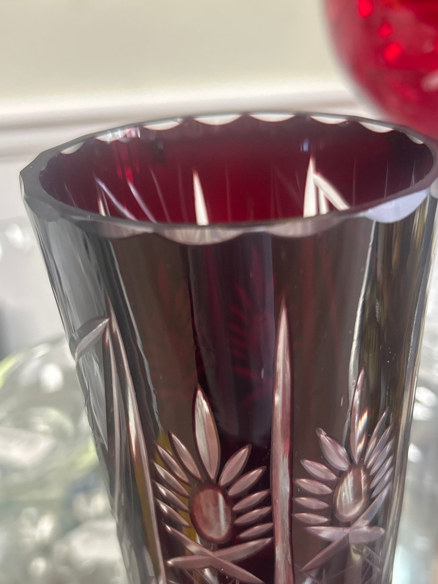 Cranberry Red Glass Cut To Clear Vase 10 Inches Tall