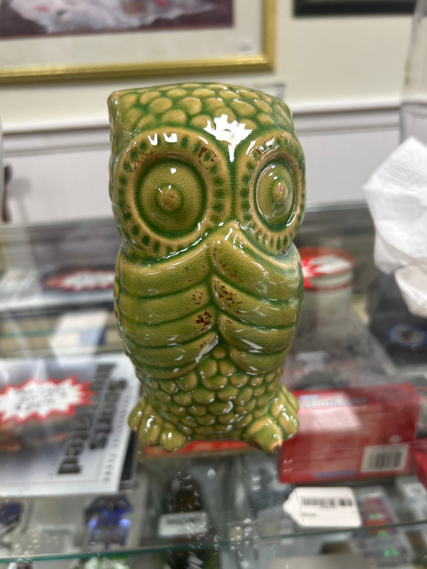 Set of 3 Ceramic Owls Showing Hear See Speak No Evil Yellow Green Blue 6” Tall