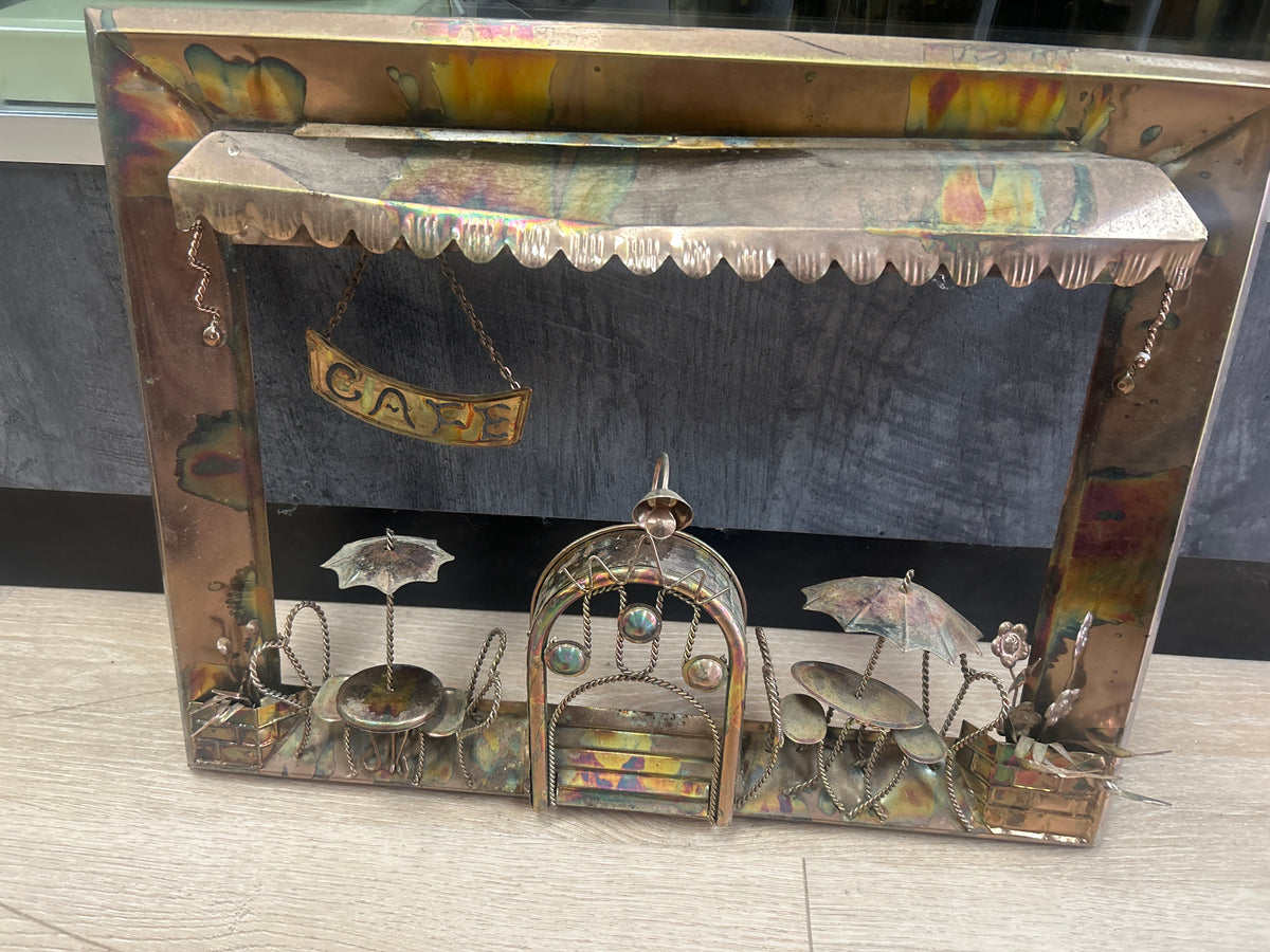 Vintage 3D copper and metal wall art piece depicting a cafe scene