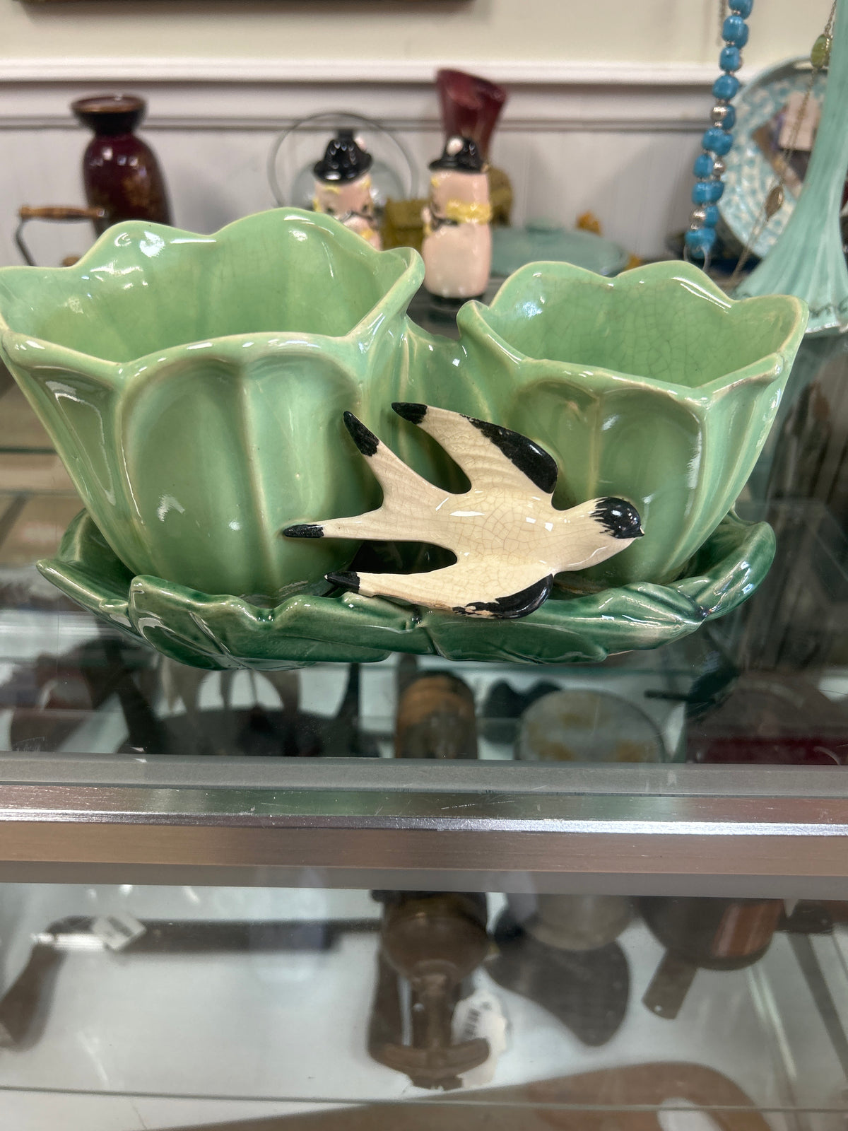 McCoy Vintage pottery planters with yellow bird