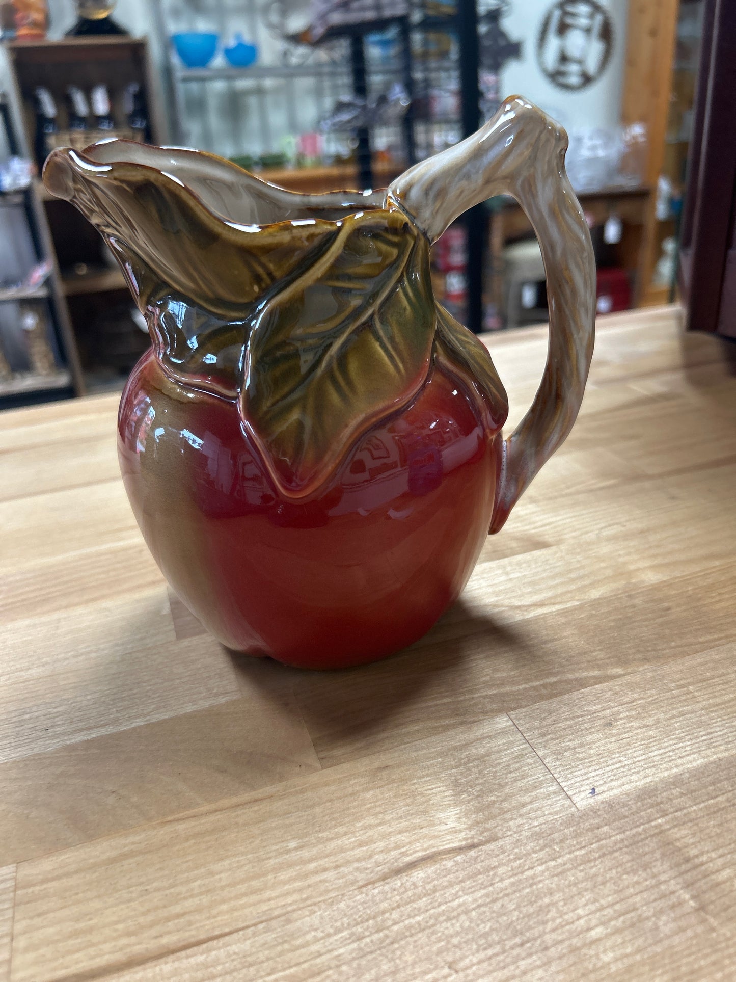 Vintage 7 Inch Majolica Apple Shaped Pottery Pitcher