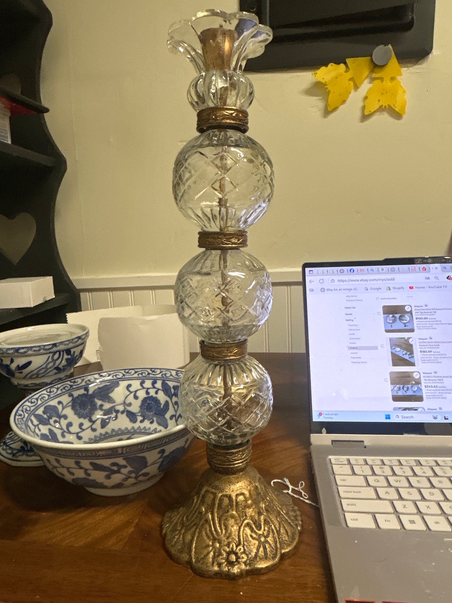 Vintage Hollywood Regency Style Glass Ball and Metal Candlestick Holder 15”