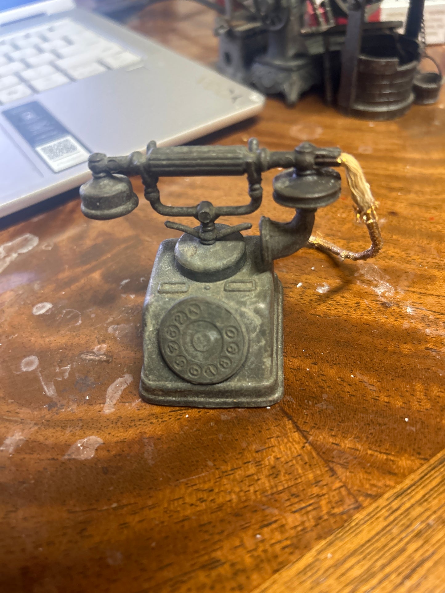 Vintage Durham Industries Metal Bronze Color Miniature Telephone ~ Made in Hong Kong ~ 1970’s ~ 2 1/2” high ~ *Cord is Frayed*