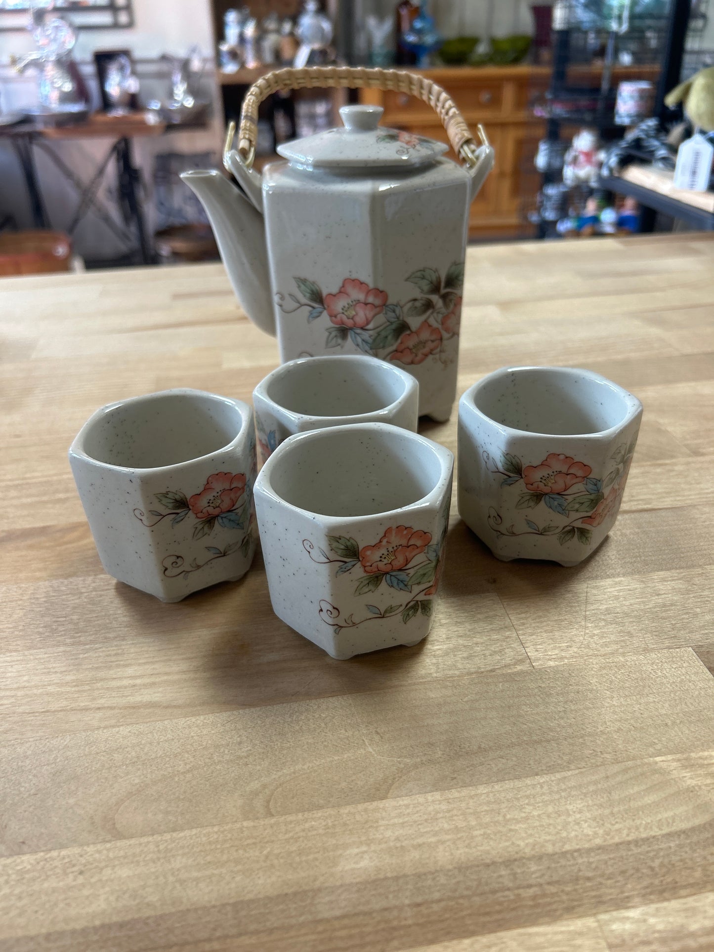 Japanese Pottery Tea Set Teapot 4 Cup Rattan Handle