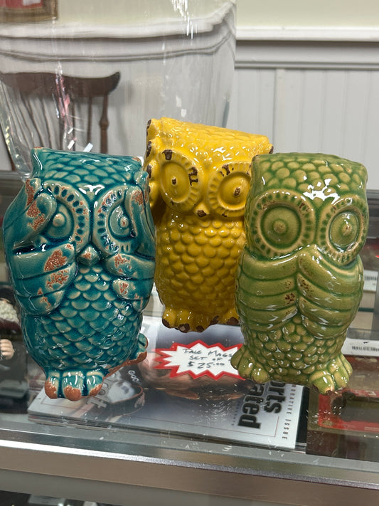 Set of 3 Ceramic Owls Showing Hear See Speak No Evil Yellow Green Blue 6” Tall
