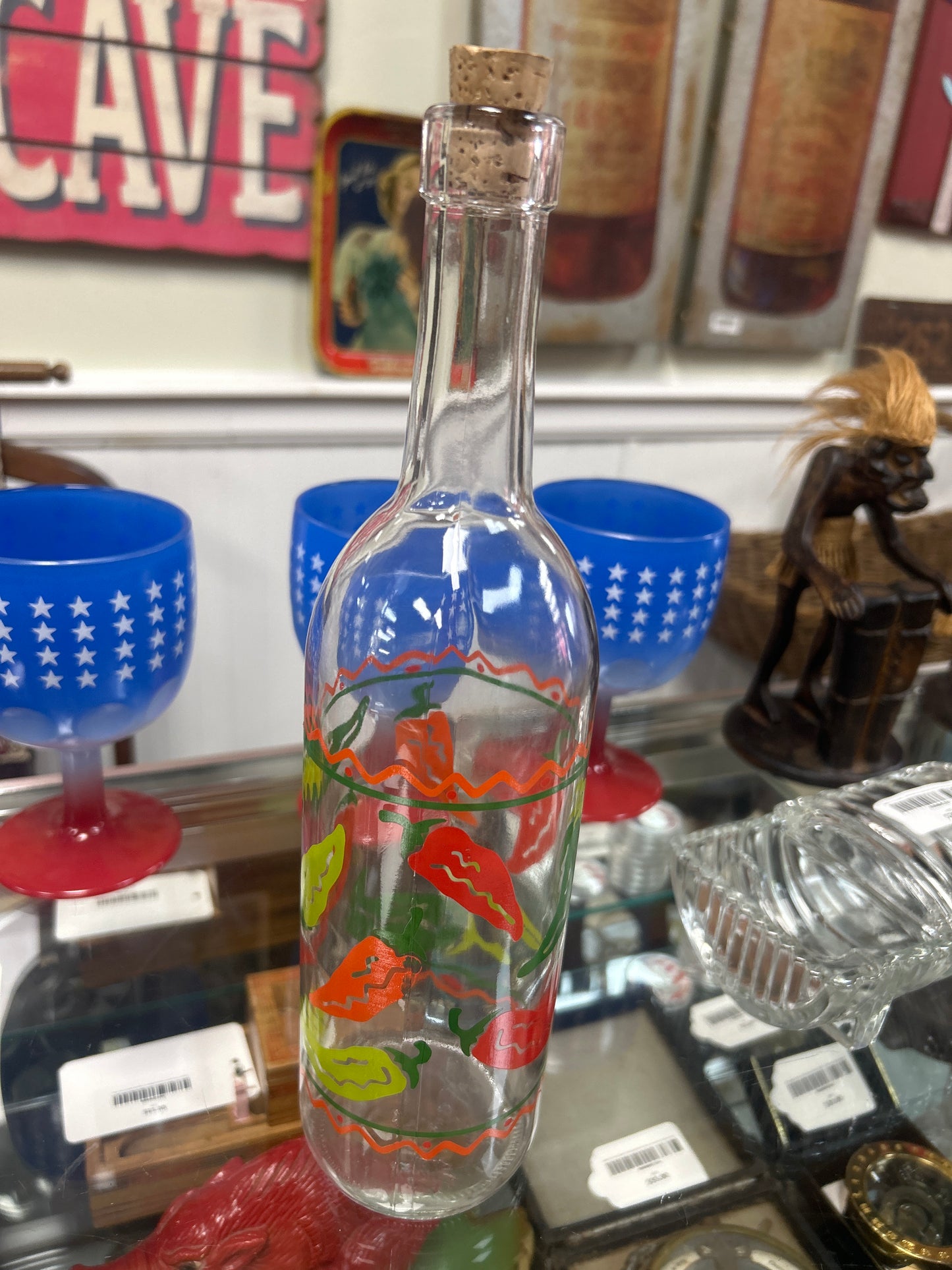 Decorative Clear Glass Bottle with Hot Pepper Print Green and Red 11 1/2" tall