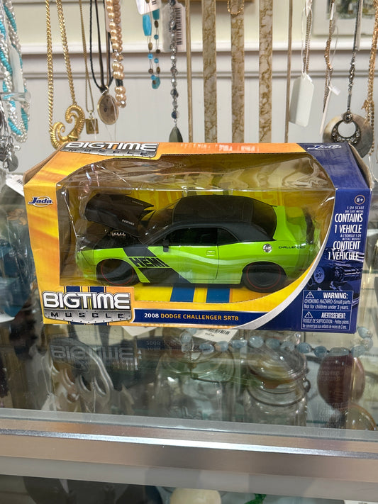 a "Bigtime Muscle" die-cast model car by Jada Toys. The specific model is a 2008 Dodge Challenger SRT8