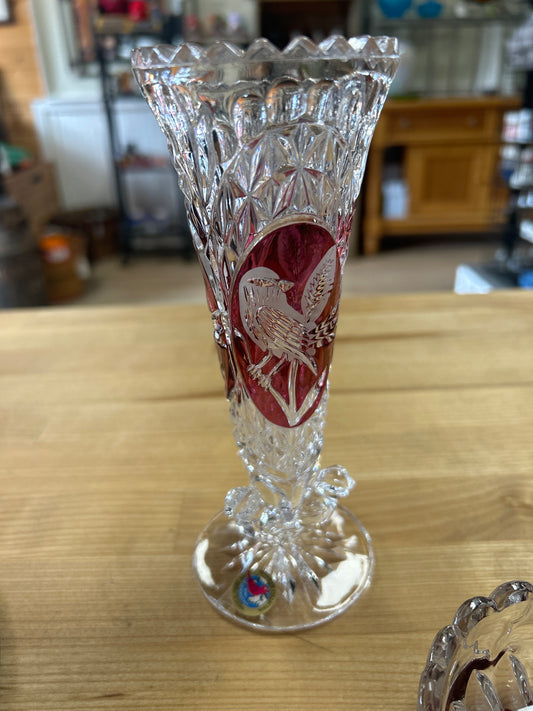 Vintage Hofbauer Byrdes German Lead Crystal Glass Ruby Red Bird Vase 7”