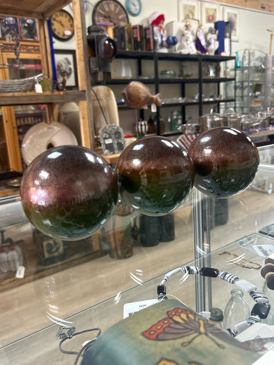 Glazed Pottery Globes (tones of green, brown and purple) 3 1/2” Set of 3