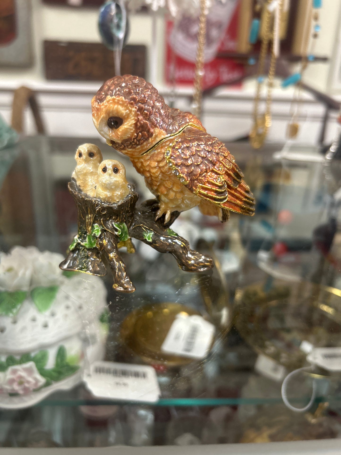 decorative enamel trinket box mother owl and her two owlets perched on a tree branch