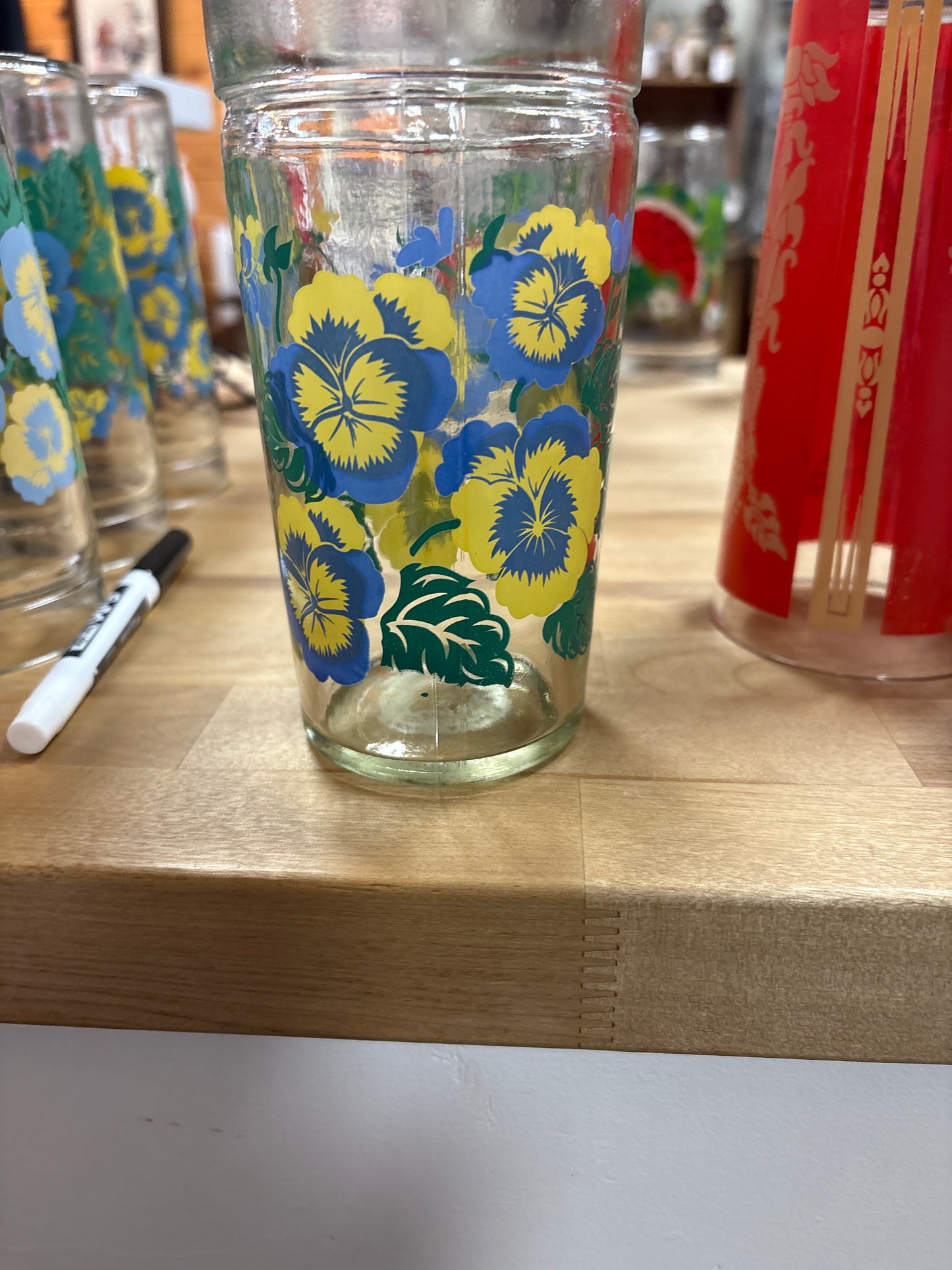 Vintage Anchor Hocking 16 oz. Blue Pansy drinking glasses 4 set