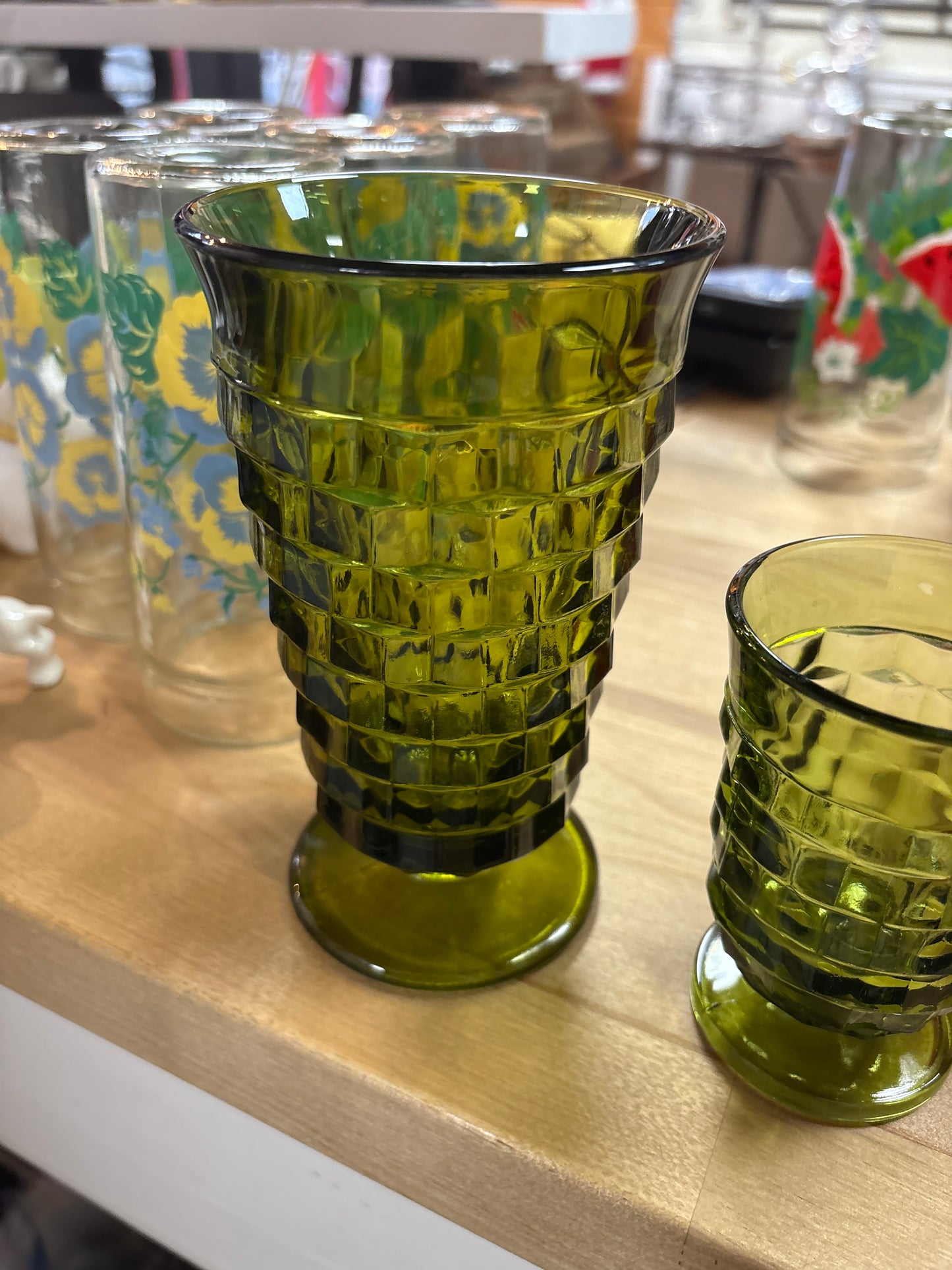 Vintage Cactus Green Geometric Glasses set