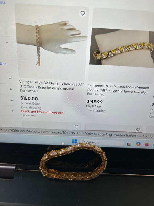 Amazing UTC Thailand Vermeil Sterling Silver Trillion Cut Bright Yellow & White CZ Tennis Bracelet.