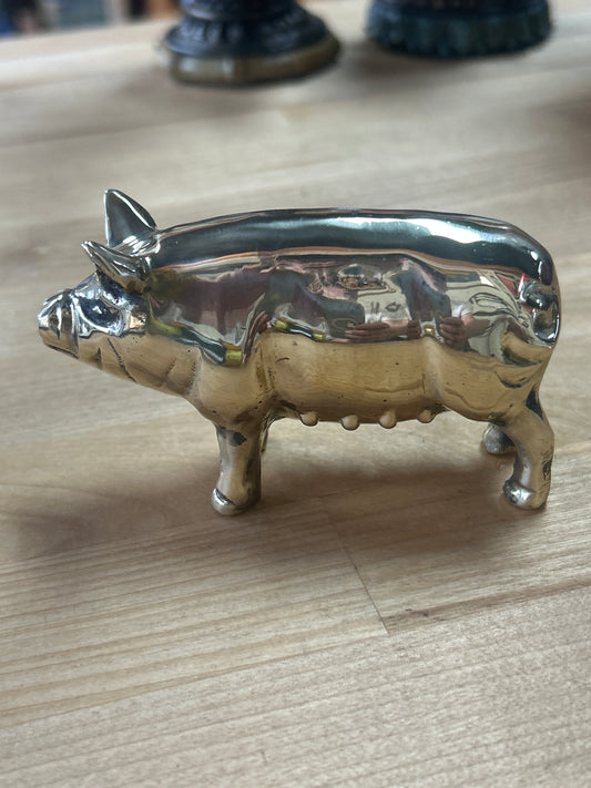 Vintage Solid Brass Pig 4” snout to tail