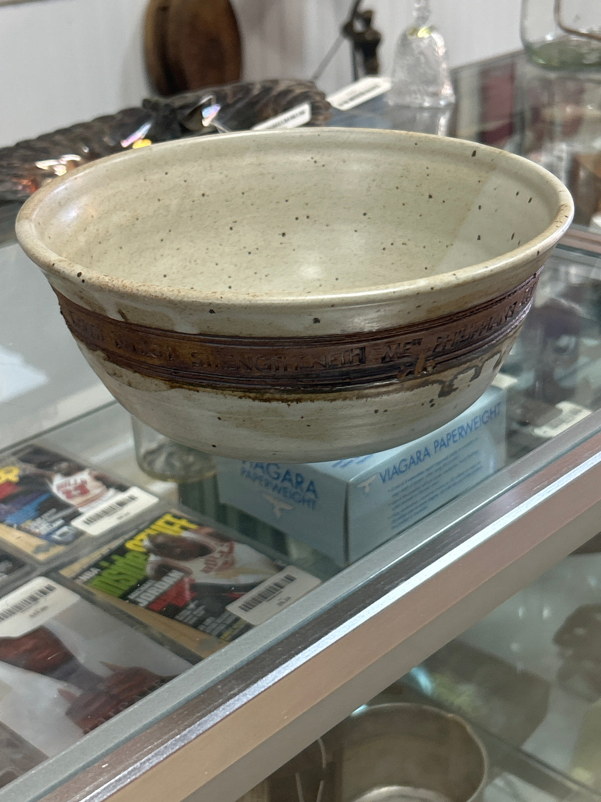 Studio stoneware bowl with a speckled off-white 98’ Philippians 4:13 pressed lettering