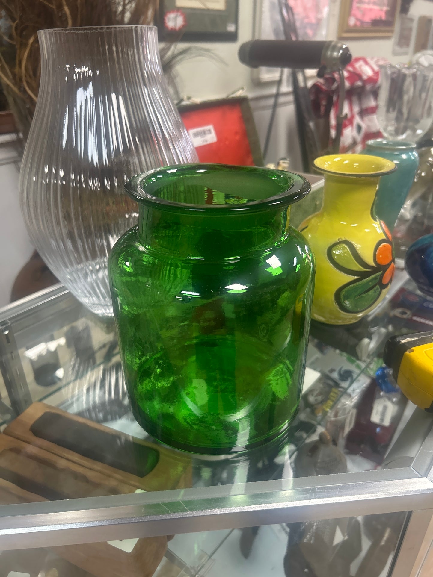 Vintage 8" Emerald Green Blown & Molded Glass Jar/Vase