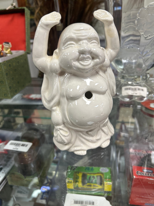 White Ceramic Happy Buddha Statue Figurine Incense Holder Planter 7”