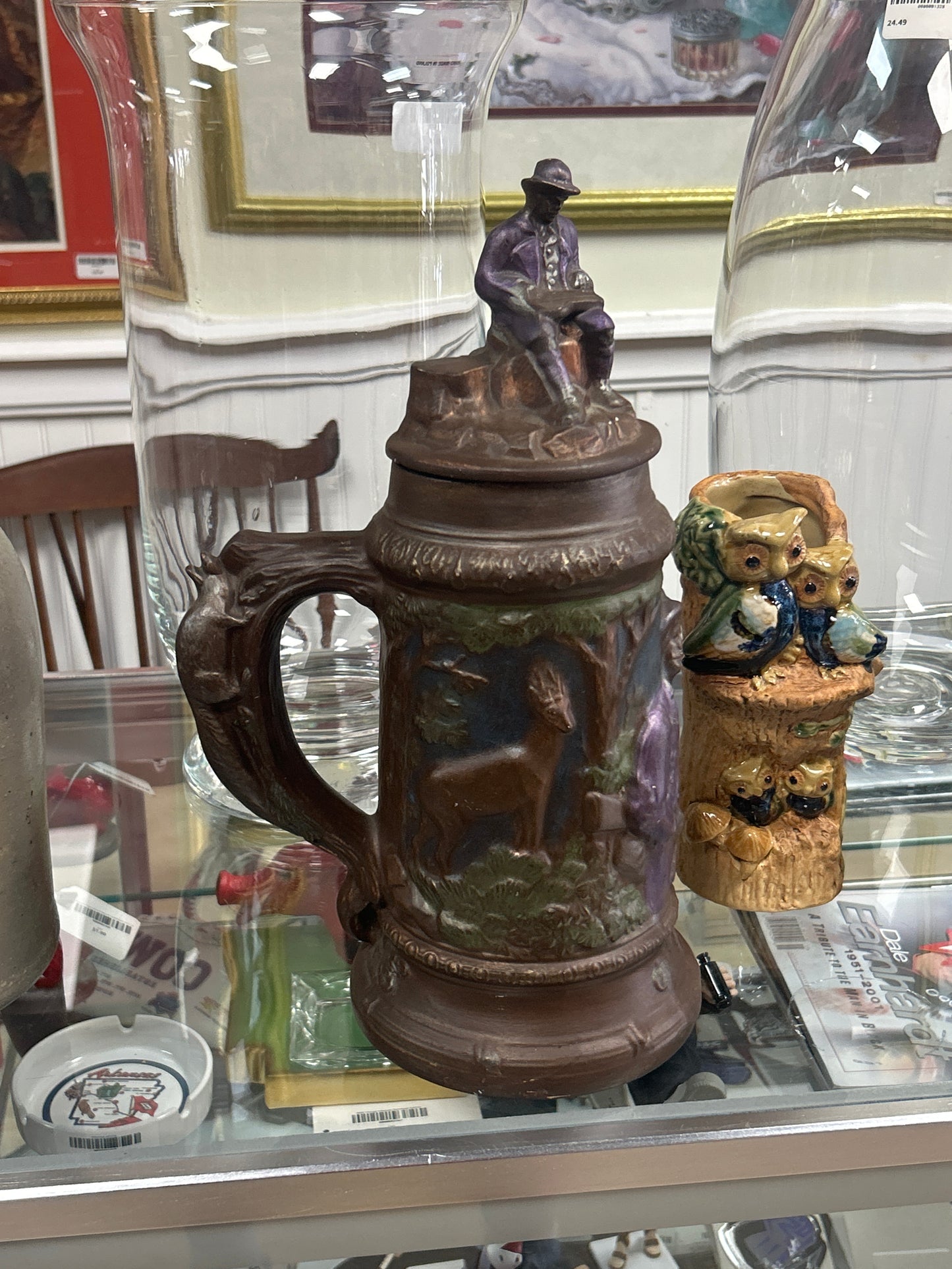 Large Vintage And Unique Ceramic Beer Stein With Man, Elk, Deer and Squirrel.