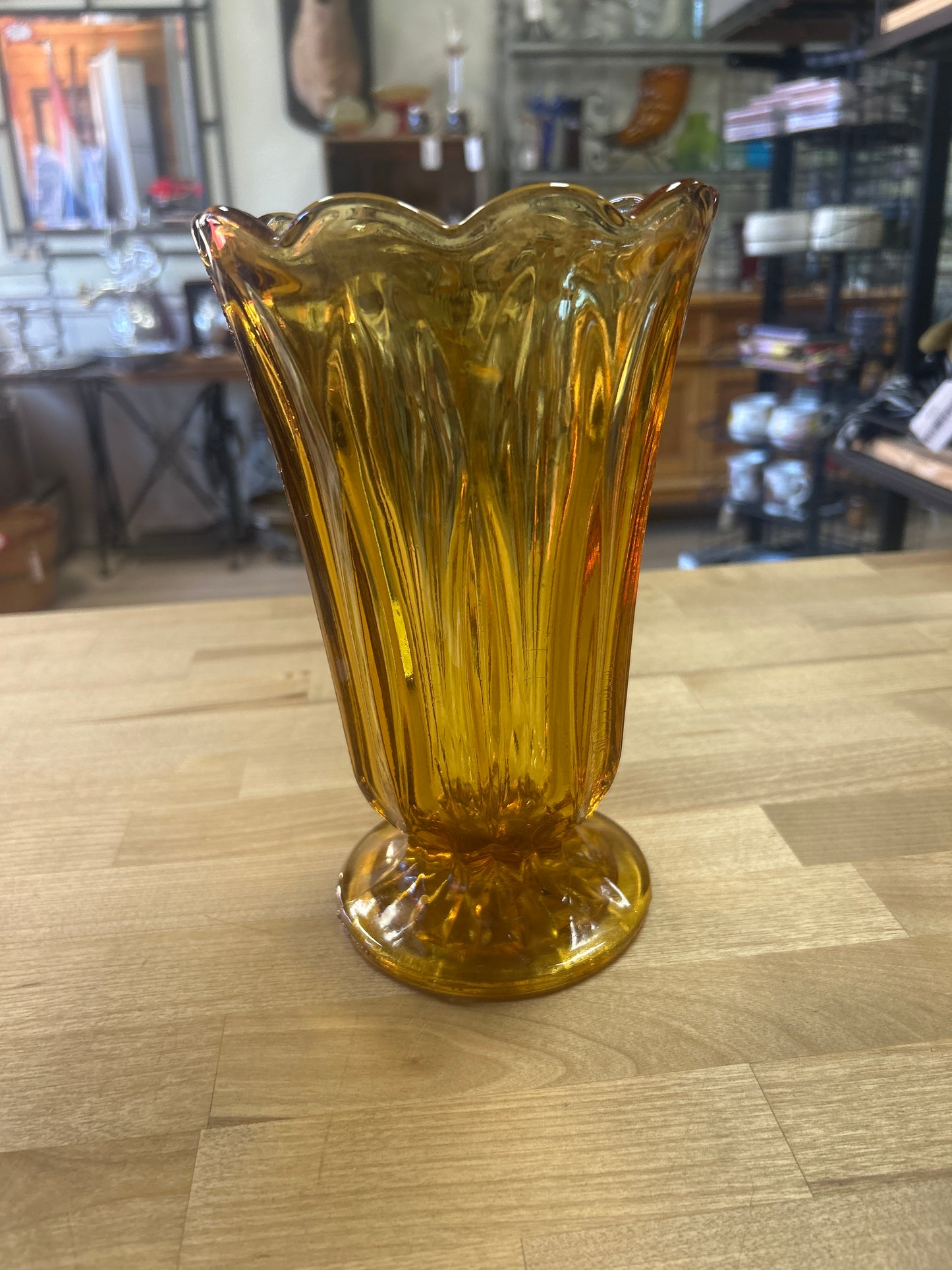Vintage Anchor Hocking Fairfield art deco style amber glass footed vase 8 1/2”