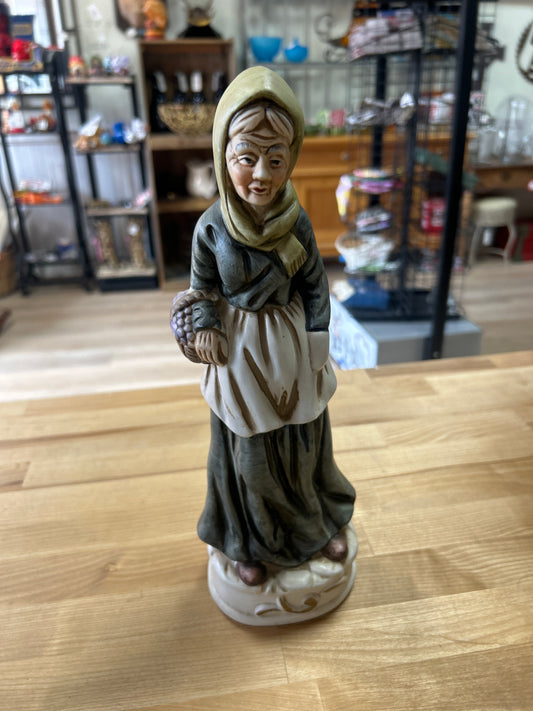 Vintage Porcelaine Figurine by Flambro Old Lady carrying Fruit Basket full of Grapes