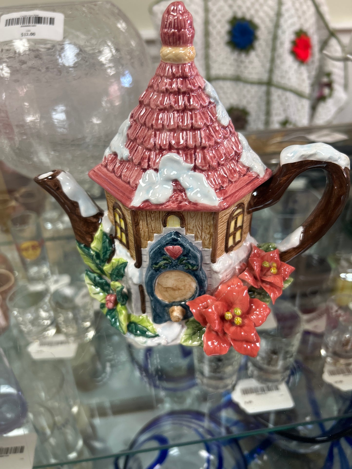 Tea Pot House Pointsettia Holly Snow Hand Painted Marked 1999 YH 1 Cup Vintage