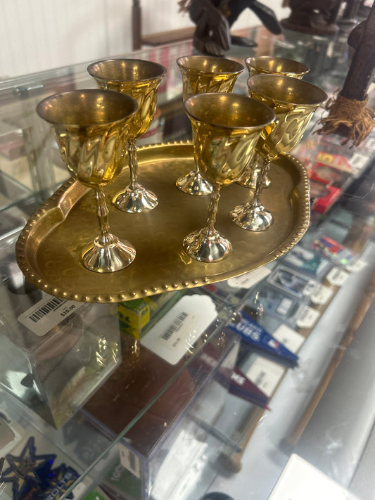 Vtg Indian Brass Cordial Liqueur 6 Mini Goblets with Tray Barware Made In India
