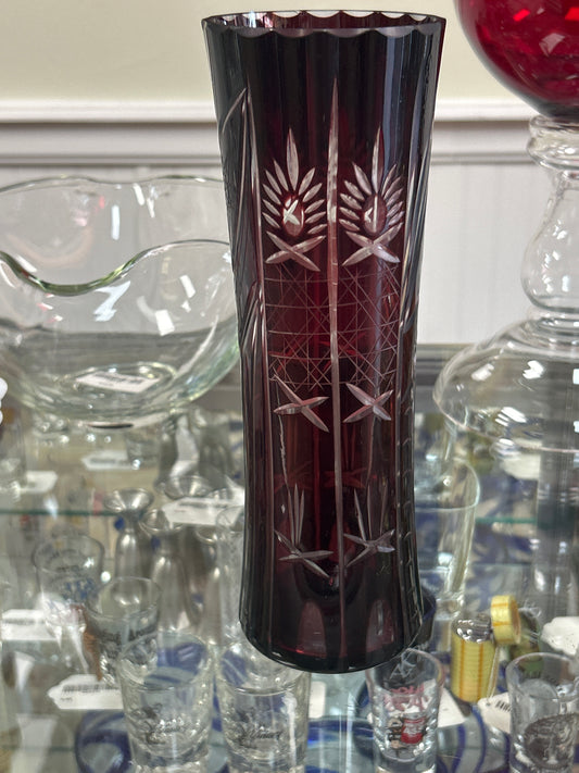 Cranberry Red Glass Cut To Clear Vase 10 Inches Tall