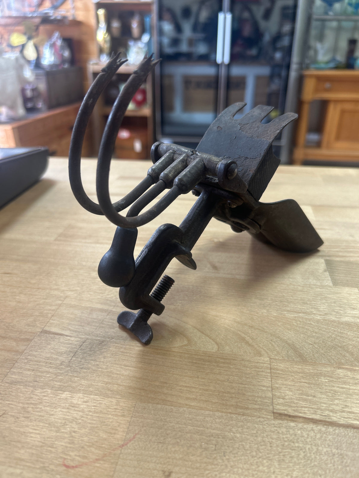 Antique Goodell Co Cast Iron Double Cherry Pitter Stoner Table Clamp Tool