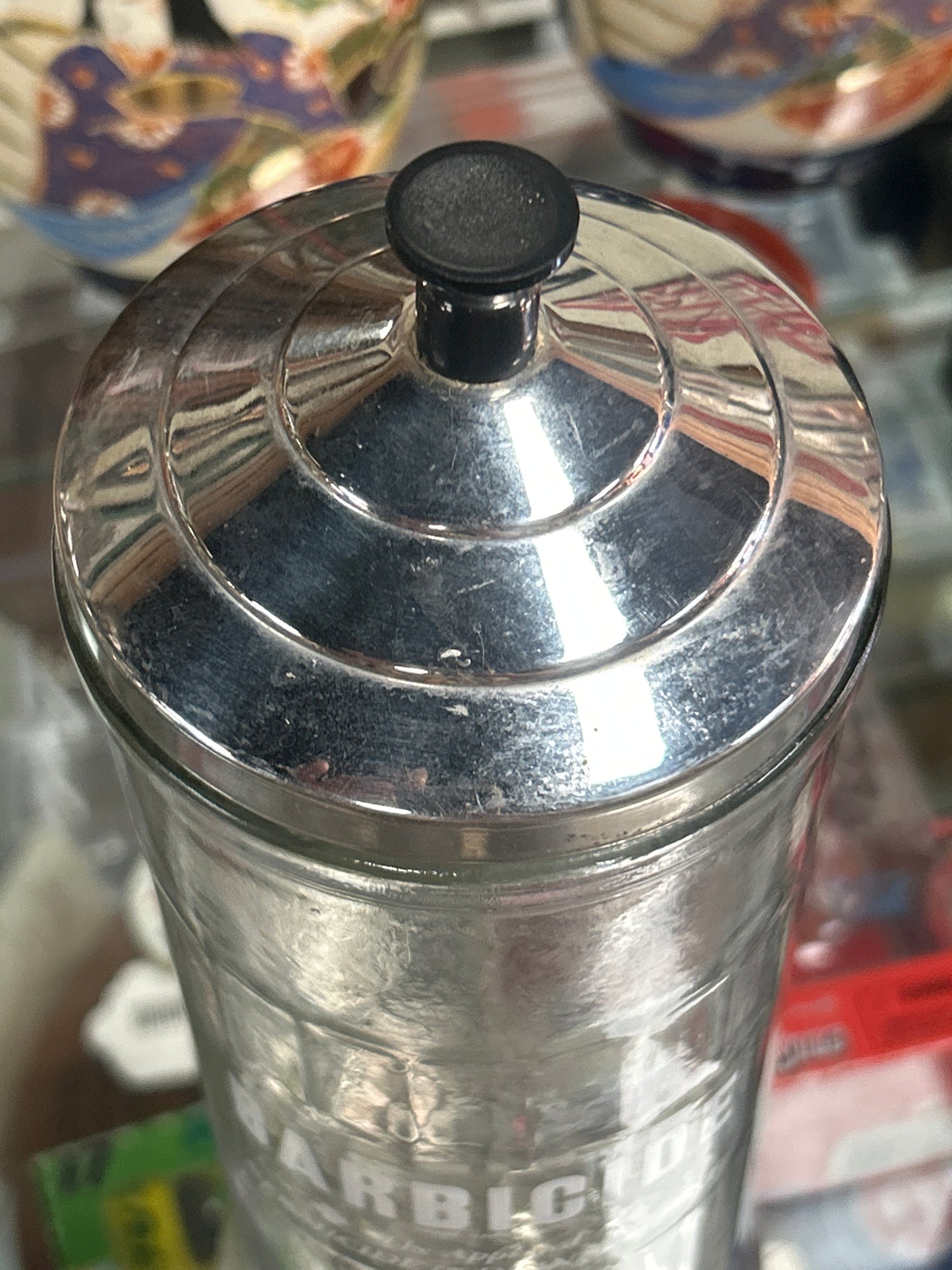 Vintage  Barbicide Barbers Disinfectant Glass Jar w/ Metal Lid and Insert