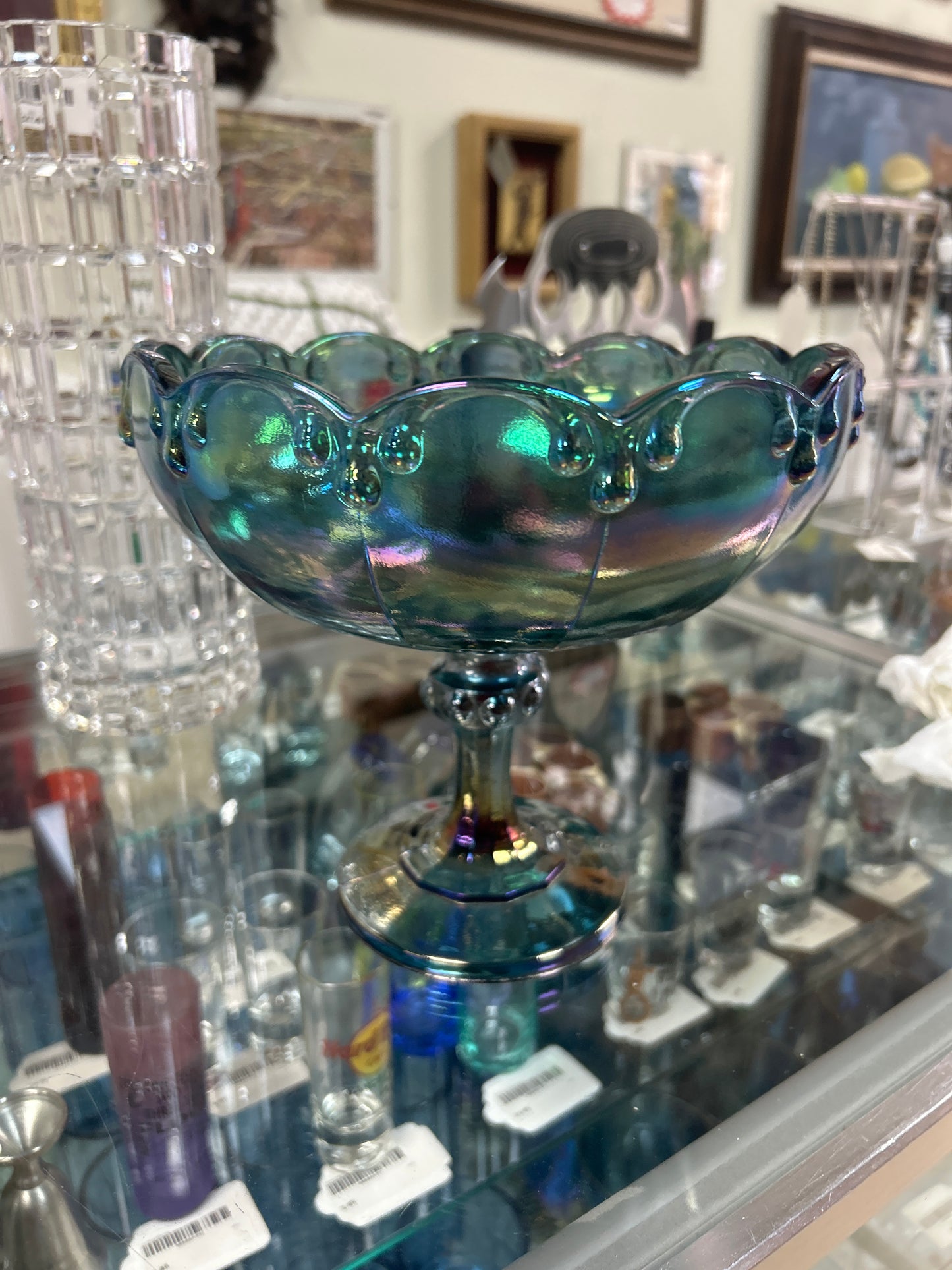 Vintage Indiana Glass Iridescent Carnival Garland Blue Compote Bowl