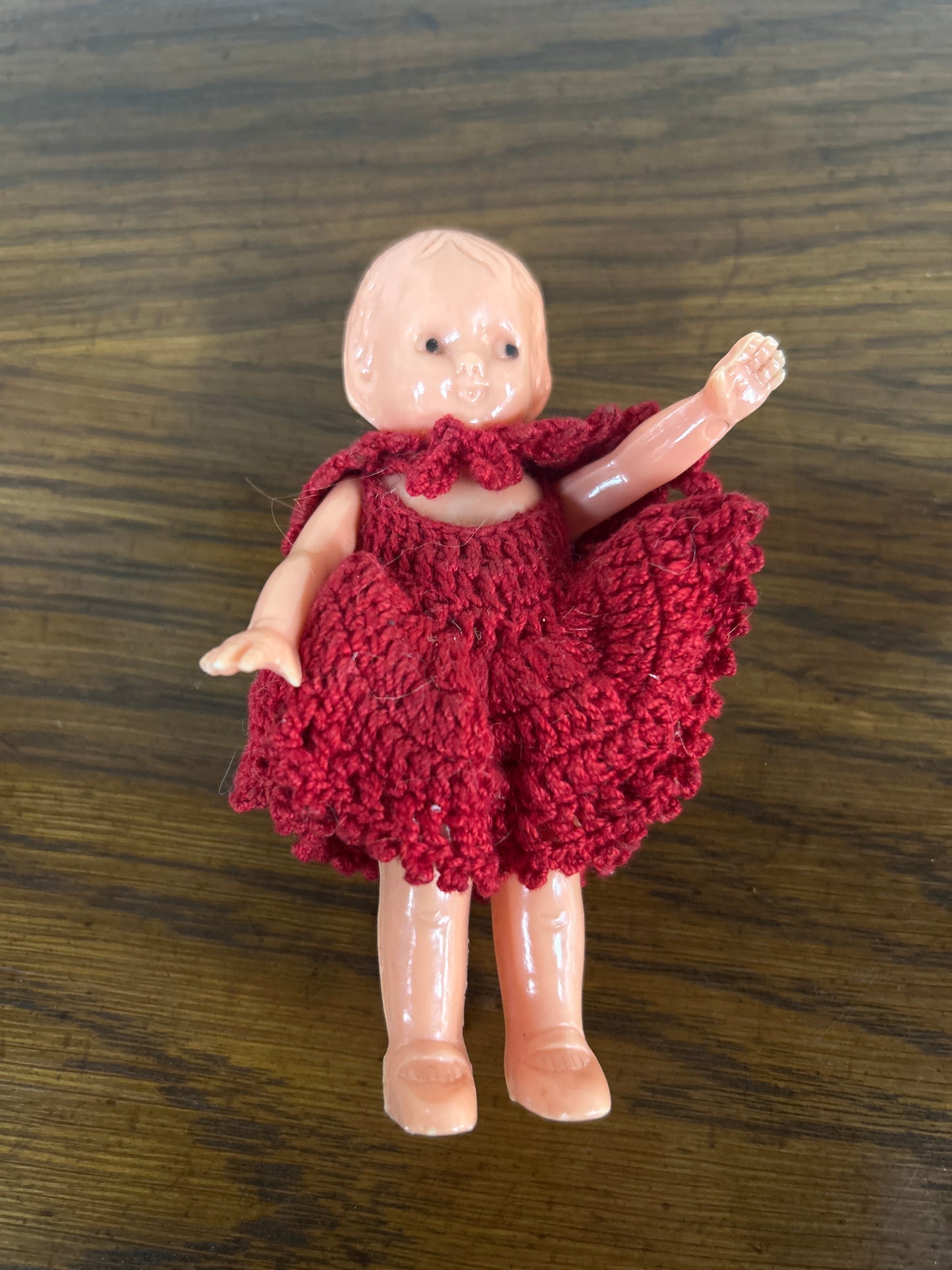 Small Vintage Doll 4” w/ knitted lace dress