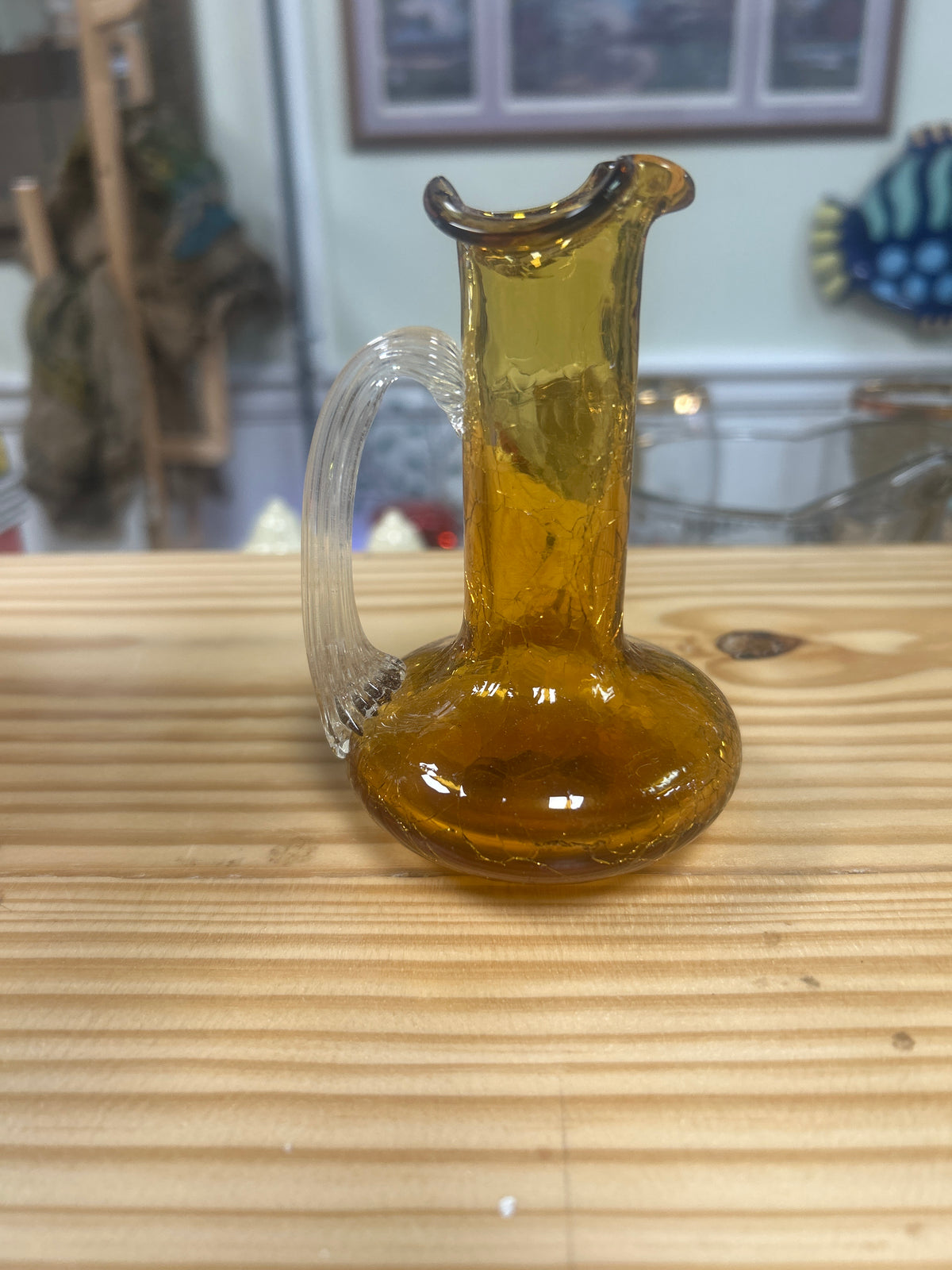 Vintage Crackle Amber Glass Creamer 4-1/2” Tall Clear Handle