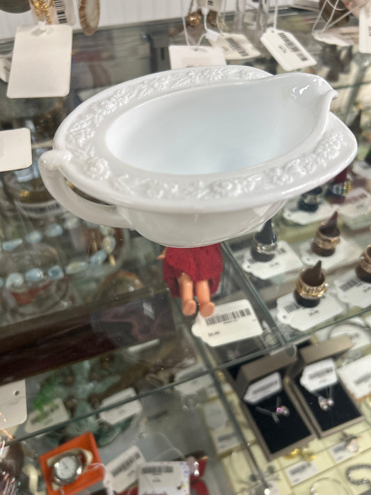 Vintage White Anchor Hocking Milk Glass Creamer Bowl Flower Motif