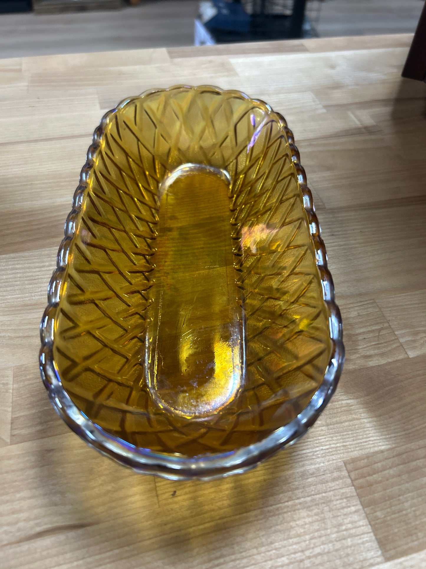 Vintage Amber iridescent carnival glass serving dish 10 1/4” x 5” x 2”
