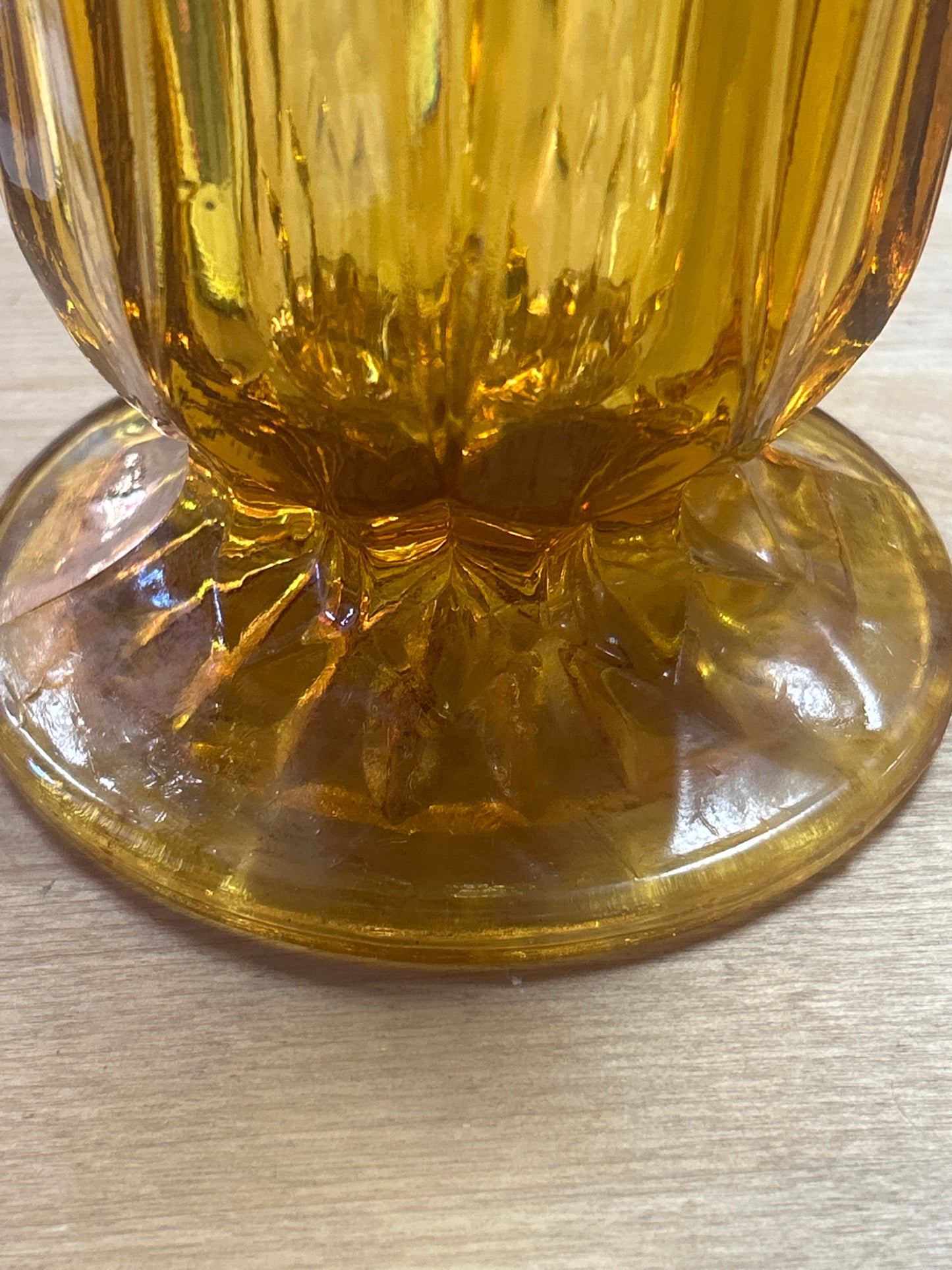 Vintage Anchor Hocking Fairfield art deco style amber glass footed vase 8 1/2”
