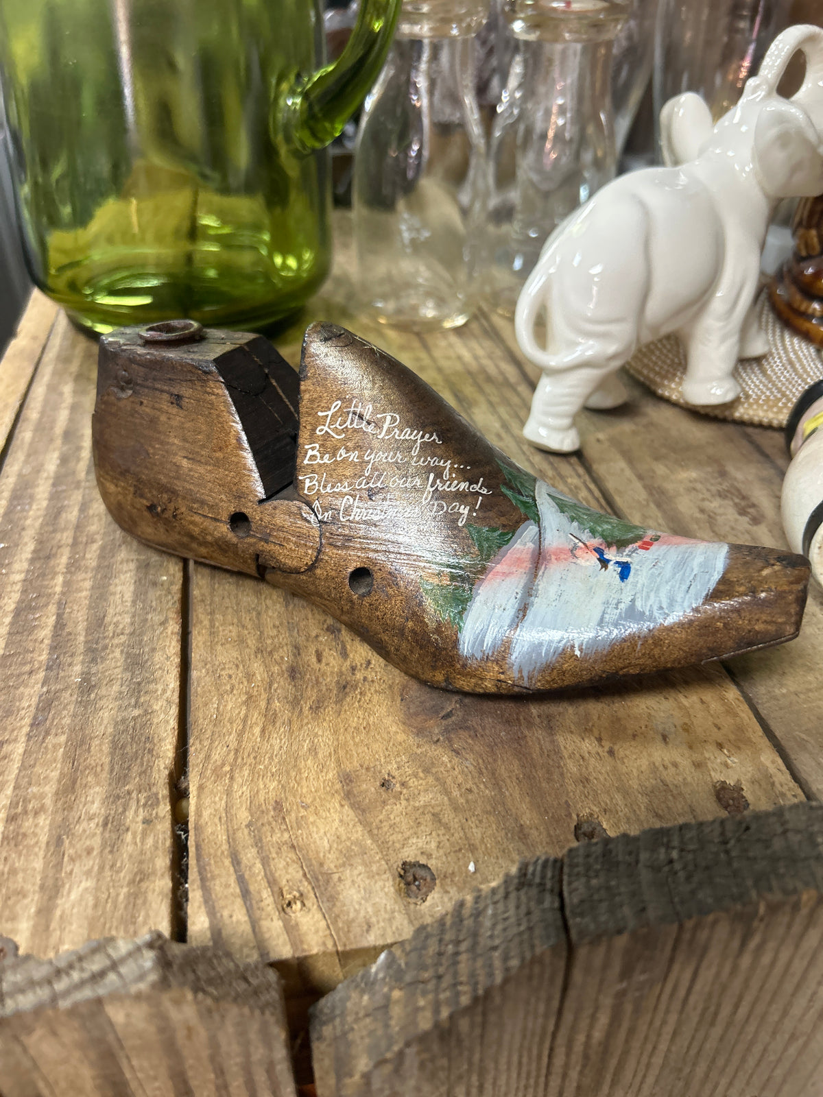 Vintage wooden shoe form, shoe last, repurposed as a folk art piece