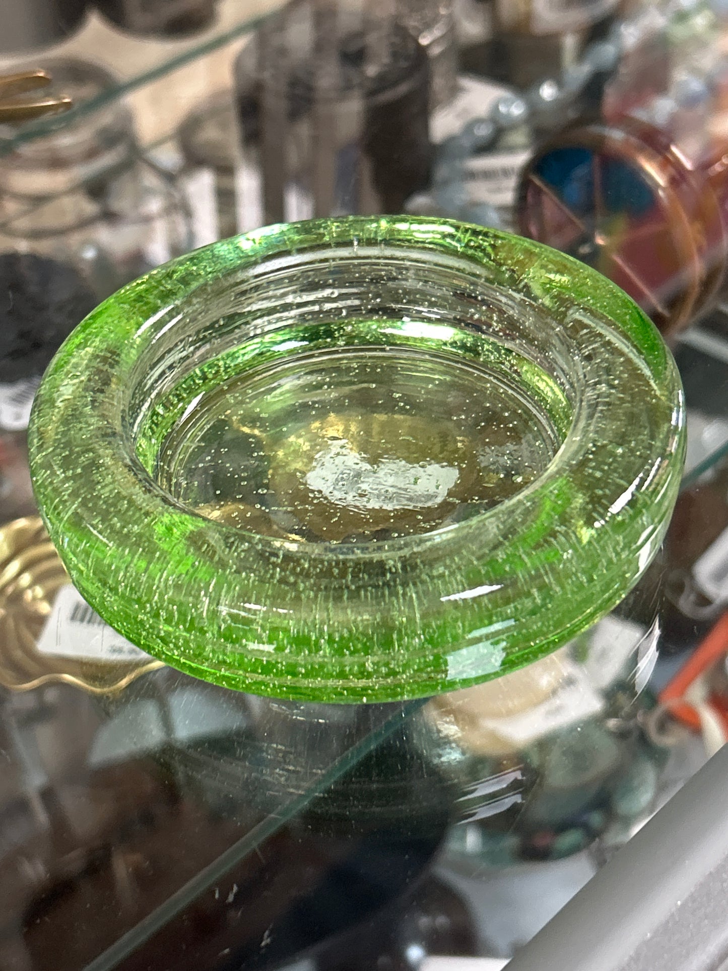Indiana Glass 4.25" Round Garden Green Bubble Glass Pillar Candle Holder Trinket
