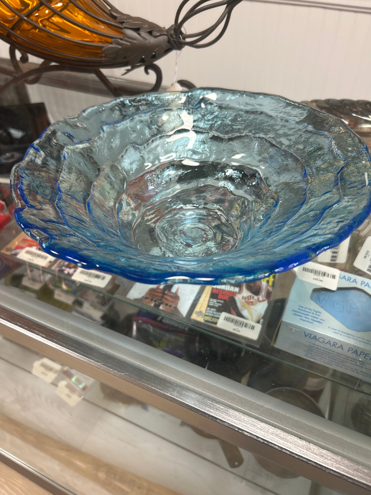 VTG IVV Large Aqua Blue Art Glass 11" Bowl Italy Original Tag Texture Handblown